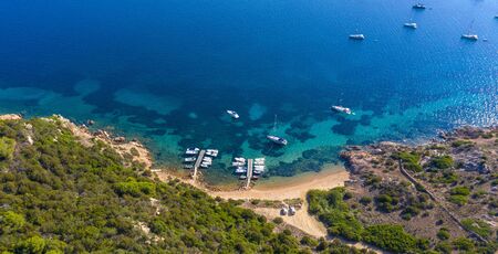 aerial photography with beach, boat and seaの写真素材