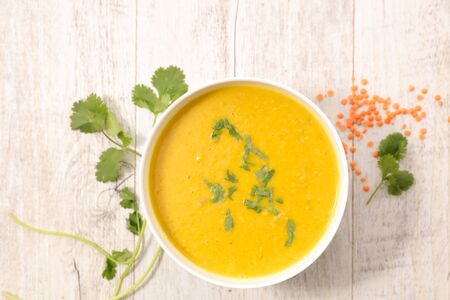 lentil soup with coriander, top viewの写真素材