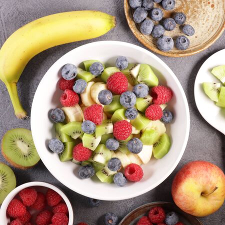 mixed fruit salad with ingredient, top viewの写真素材