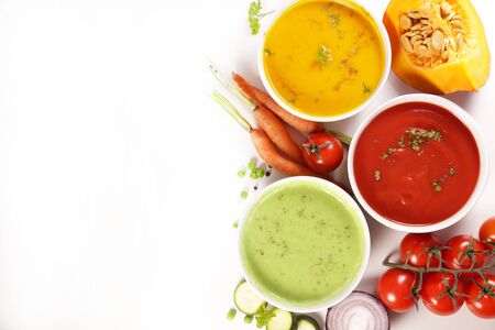collection of vegetable soup with ingredient on white backgroundの写真素材