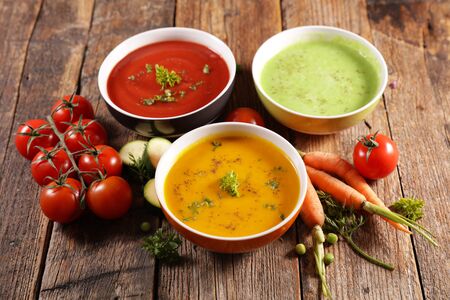 vegetable soup, carrot soup- tomato soup and zucchini soupの写真素材