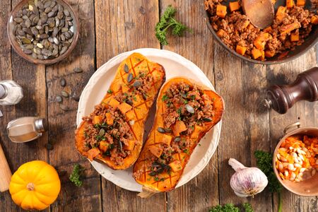 baked butternut with beef and vegetableの写真素材