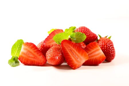 fresh strawberry and mint isolated on white backgroundの写真素材