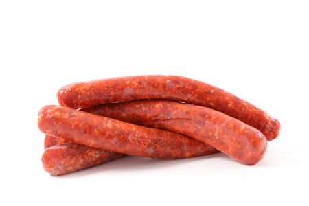 raw sausage isolated on white backgroundの写真素材