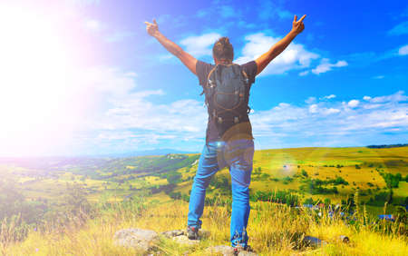 hiker feels free-Cantal, Auvergne in Franceの写真素材