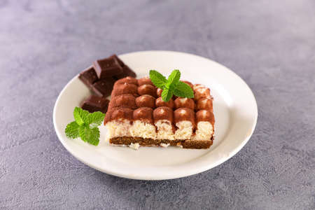tiramisu cake with cocoa and mintの写真素材