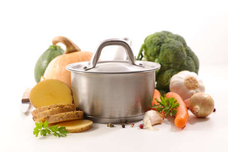 raw ingredient for cooking soup on white backgroundの写真素材