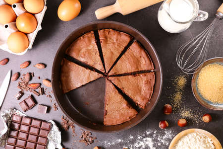 chocolate cake with ingredient- top viewの写真素材