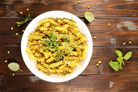 pasta with pesto sauce - top viewの写真素材
