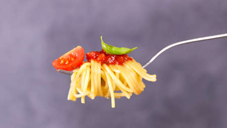 spaghetti with tomato sauce and basilの写真素材