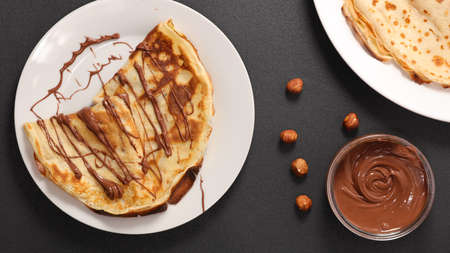 crepe with chocolate spread- top viewの写真素材