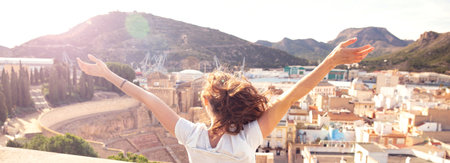 woman travel in europa- Cartagena in Spain, ancient theaterの写真素材