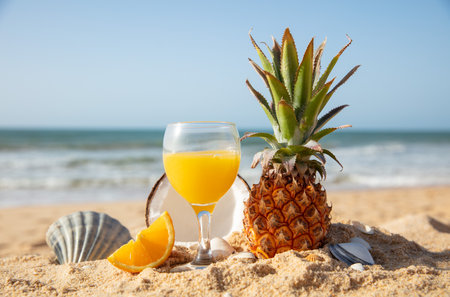 fresh juice fruit cocktail on a beach