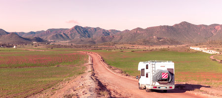 Family travel in motor home- road trip, adventure, expedition conceptの写真素材