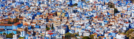 Panoramic view of city landscape, Chefchaouen in Moroccoの写真素材