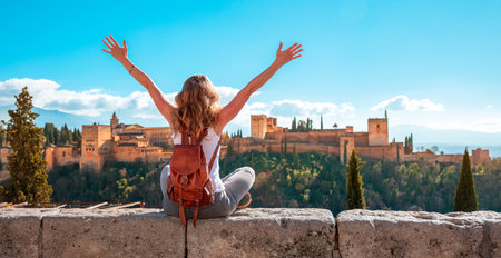 Happy woman tourist in Granada, Alhambra, Spainの写真素材