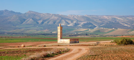 Panorama of landscape with Mosque in Meknes province, Moroccoの写真素材
