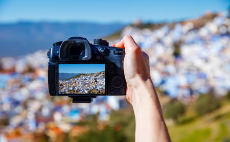smartphone with Chefchaouen photography, Moroccoの写真素材