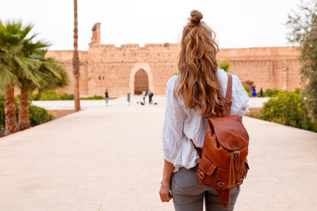 Woman tourist in Marrakech, el badi palaceの写真素材