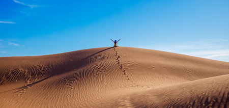 happy woman with arms outstretched in the sahara desert , footprint in the sand duneの写真素材