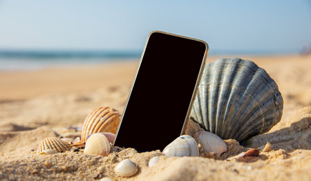 phone on the beachの写真素材