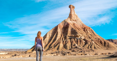 Traveler woman in Spain- Castelditierra mountain in Bardenas Reales- Navarraの写真素材