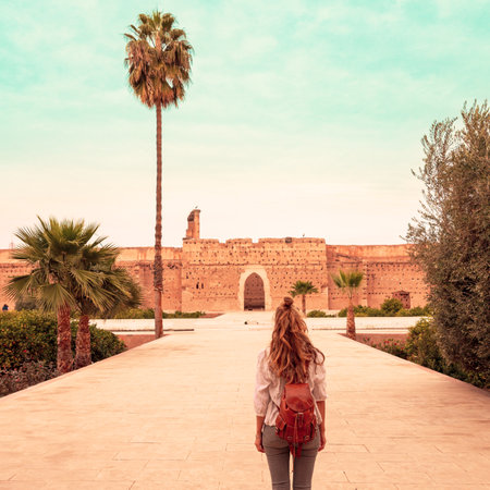 Woman tourist at Marrakesh in Moroccoの写真素材