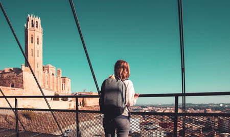 Woman tourist at Lerida, Catalonia in Spainの写真素材