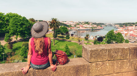 Woman tourist looking at cityscape of Porto- Portugalのeditorial素材
