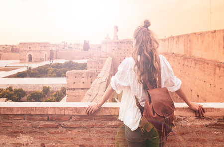 Traveler woman visiting Marrakesh city- Tour tourism in Moroccoの写真素材
