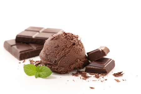 chocolate ice cream scoop isolated on white backgroundの写真素材