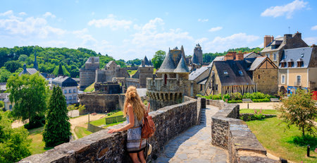 Woman tourist in Fougeres city- Brittany in Franceの写真素材