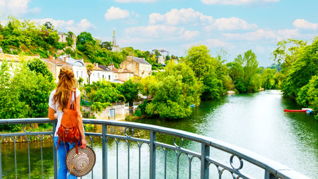 Woman enjoying city life in Poitiers, Franceの写真素材