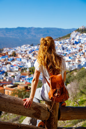 Traveler woman in Chefchaouen city, Moroccoの写真素材