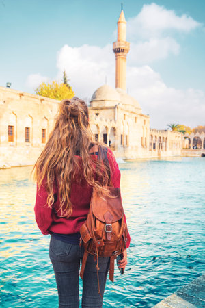 Woman tourist in Turkey, Balikligol in Sanliurfa