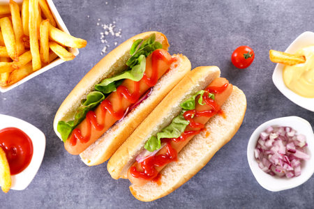 hot dog with sausage and ketchup - top viewの写真素材