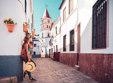 Woman tourist in spanish street- Andalusia, Malaga provinceの写真素材
