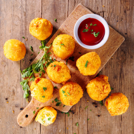 Fried Potato Balls on Wooden Board with Dipping Sauce â€“ Crispy and Tasty Snack
