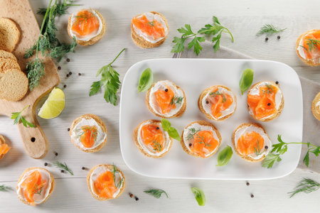 canape with cream and smoked salmonの写真素材