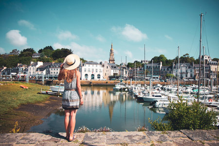 Young girl tourist in France, Saint Brieuc, Brittanyの写真素材