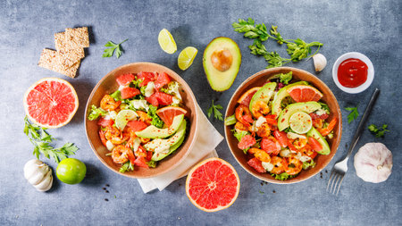 mixed vegetarian salad with avocado, grapefruit and shrimpの写真素材