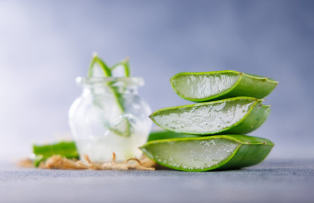 Aloe or Aloe vera fresh leaves and slices. Organic skin careの写真素材