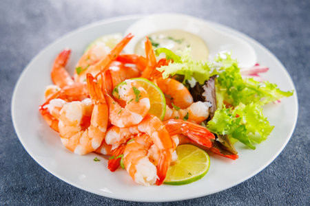 plate of fresh shrimps with lemon and dipping sauceの写真素材