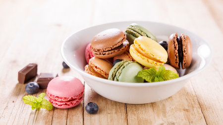 bowl of colorful pastel macaroons, french foodの写真素材