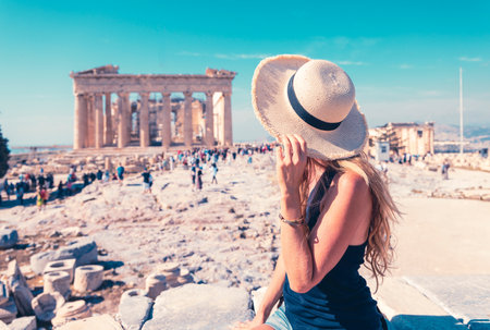 Woman Traveling in Athens, Greece at the Acropolisの写真素材