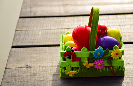Easter eggs in a basketの写真素材