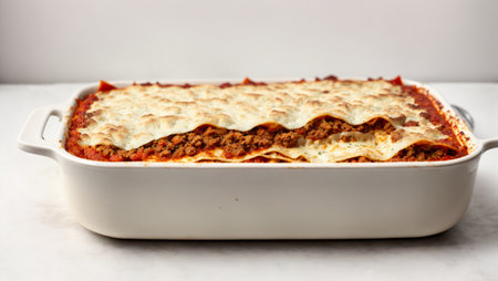 Lasagna in a baking dish isolated on a white backgroundの素材
