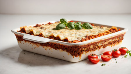 Lasagna in a baking dish isolated on a white backgroundの素材