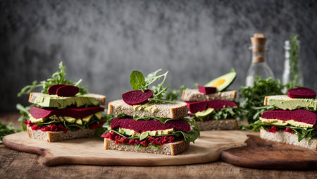 Vegan sandwiches with beetroot hummus. Sandwich with beet, avocado, and arugulaの素材