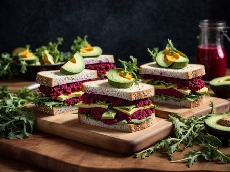 Vegan sandwiches with beetroot hummus. Sandwich with beet, avocado, and arugulaの素材